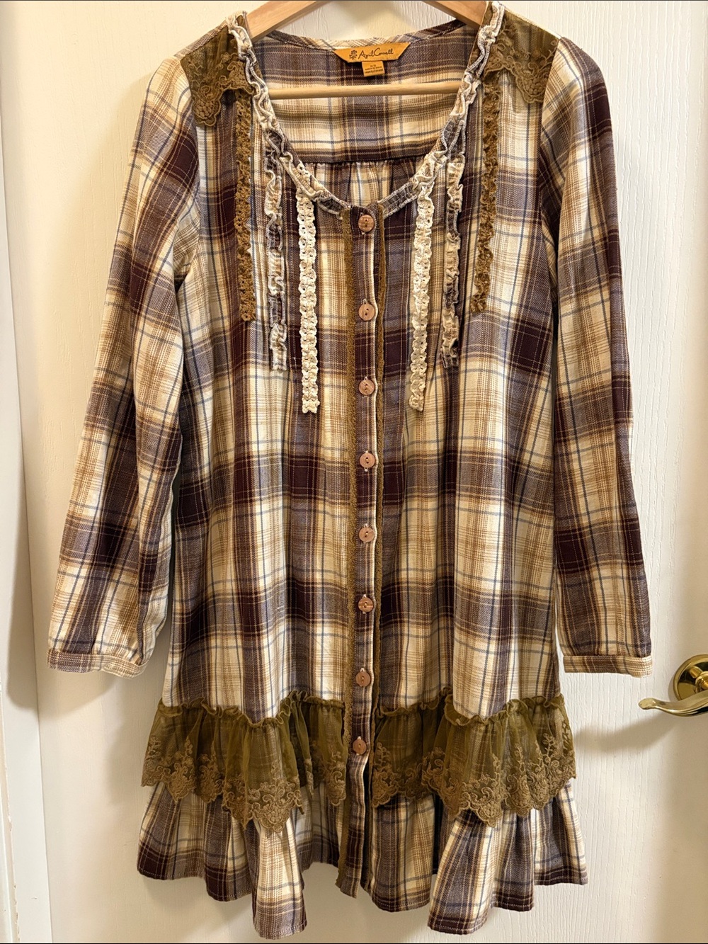 April Cornell Olive Brown Cream Plaid Button-Front Tunic